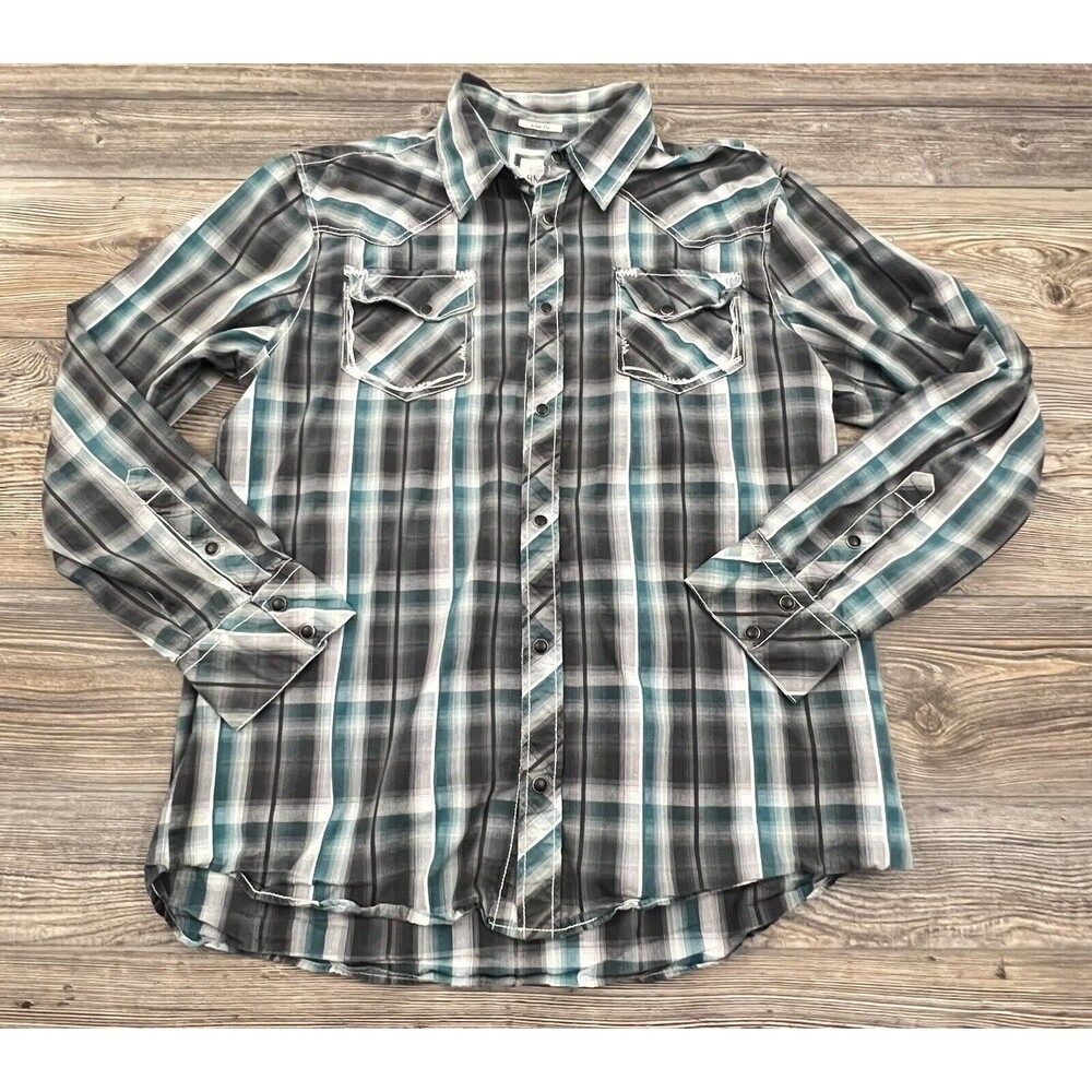 BKE Buckle Western Shirt Mens XLAthletic Fit Grey/Green Plaid Long Sleeve, Snap